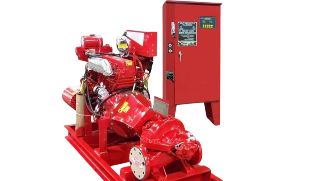 Conjunto de bomba contra incendio Peerless con controlador rojo.