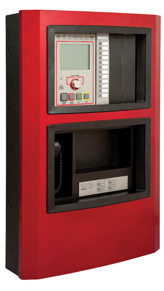 Panel de alarma contra incendio Edwards EST4 en gabinete rojo.